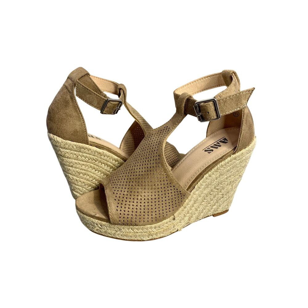 AMS Camilla T-Strap Perforated Espadrille Wedge Sandals in Sand Color Womens 7.5